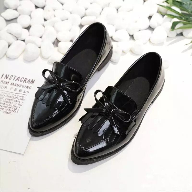 Ddbos Spring Brand Shoes Woman Casual Tassel Bow Pointed Toe Black Oxford Shoes for Women Flats Comfortable Slip on Women Shoes