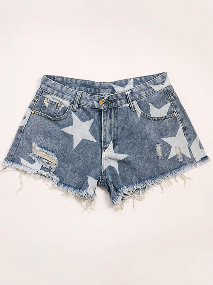 Ddbos - Random Star Print Ripped Low Rise Denim Shorts