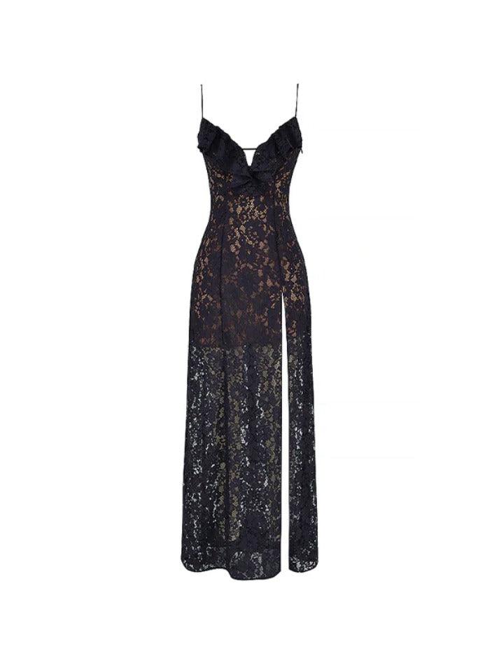 Ddbos - Lace V Neck High Split Maxi Dress