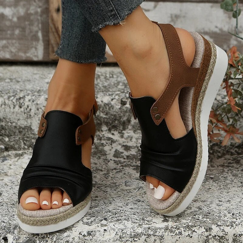 Pleated PU Leather Wedge Sandals for Women Back Strap Espadrilles Platform Sandles Woman Summer Thick Bottom Peep Toe Shoes