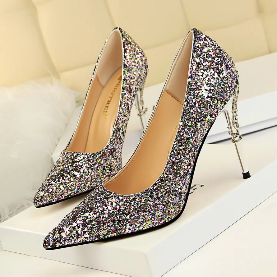 Ddbos Women 9.5cm High Heels Pumps Lady Stiletto Wedding Bridal Gold Silver Heels Nightclub Office Party Sparkly Sequins Bling Shoes