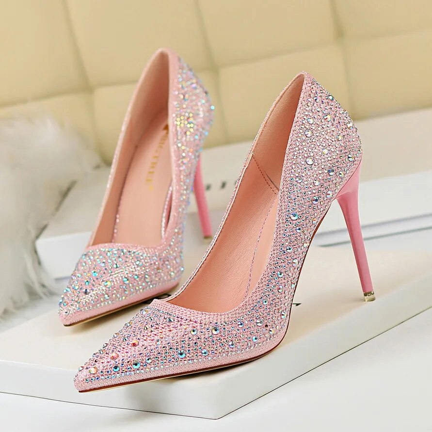 Ddbos Women 10cm High Heels Stripper Bling Scarpins Pumps Lady Stiletto Wedding Bridal Party Fetish Crystal Rhinestone Gold Prom Shoes