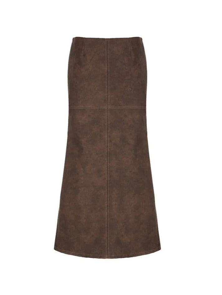 Ddbos - Vintage Brown Back Slit Low Waist Leather Maxi Skirt