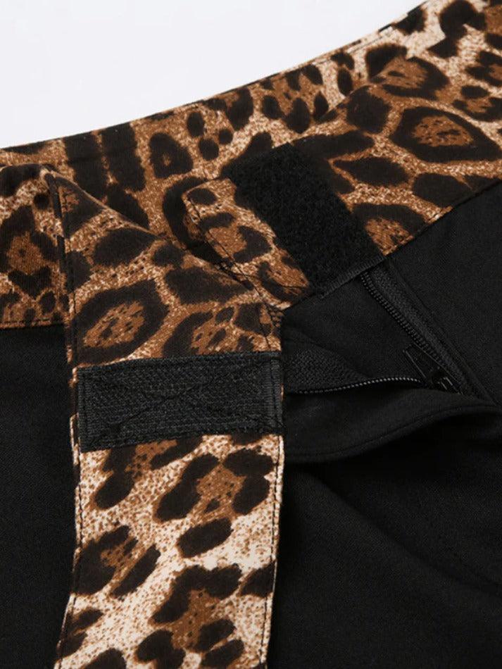 Ddbos - Leopard Splice Elastic Waist Flare Leg Pants