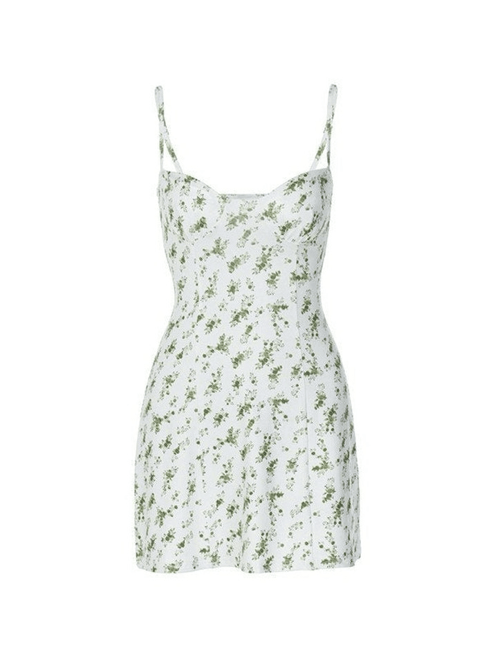 Ddbos - Green Floral Print Y2K Mini Dress