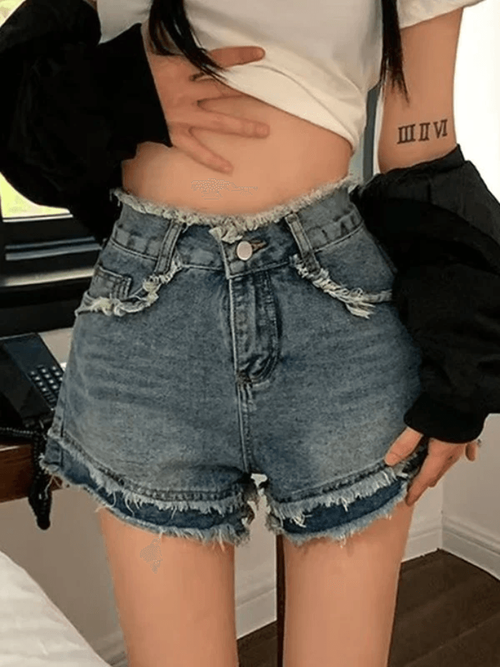 Ddbos - High Waist Frayed Denim Shorts