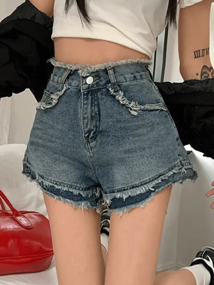 Ddbos - High Waist Frayed Denim Shorts