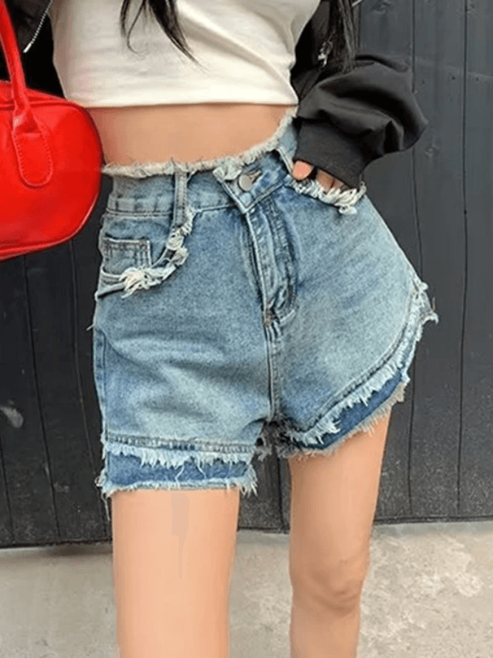 Ddbos - High Waist Frayed Denim Shorts