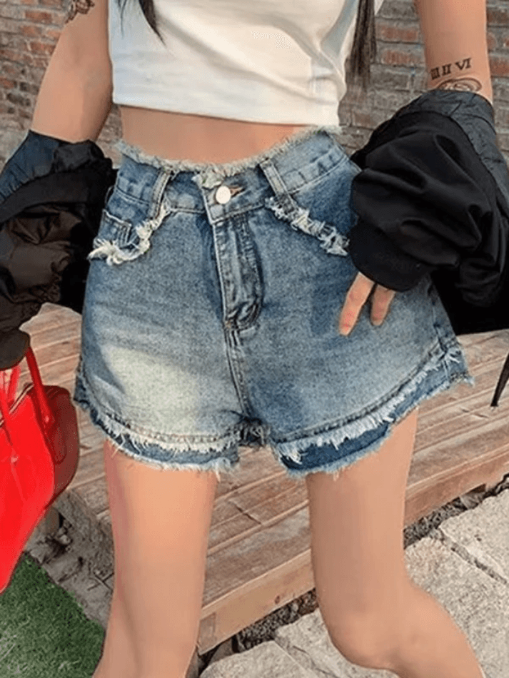 Ddbos - High Waist Frayed Denim Shorts