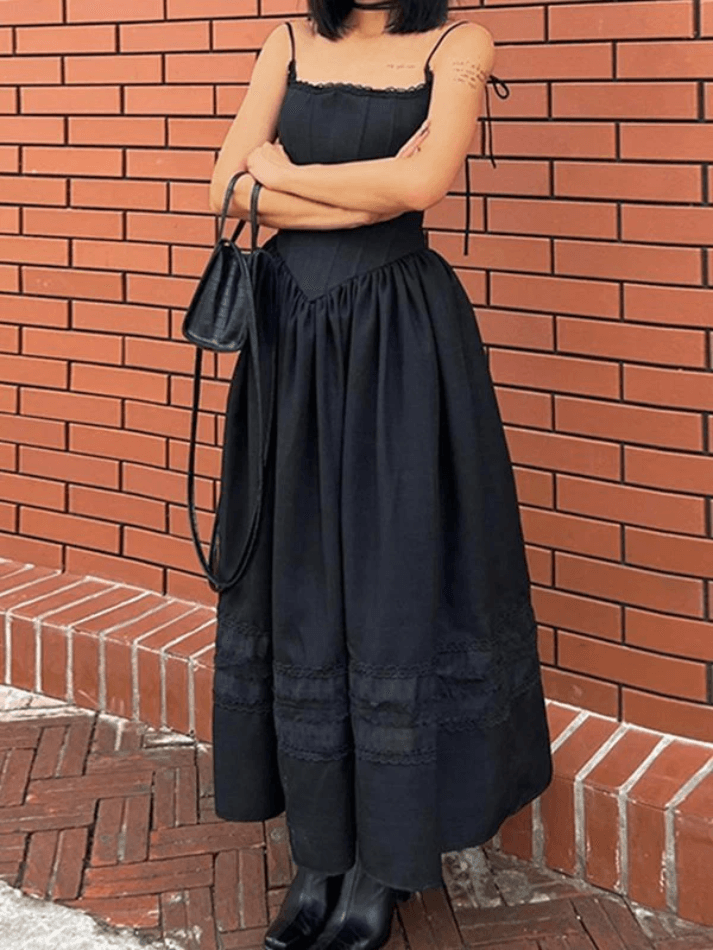 Ddbos - Lace Up Corset Black Maxi Dress