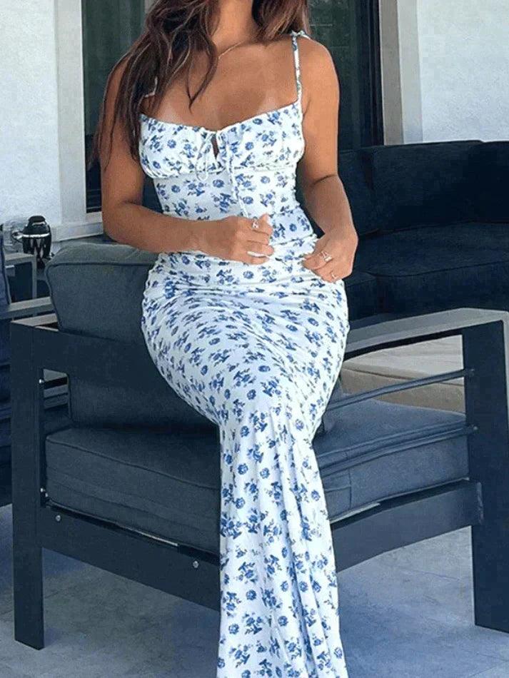 Ddbos - Lace Up Floral Maxi Dress