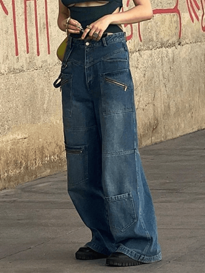 Ddbos - Patchwork Blue Wash Baggy Cargo Jeans