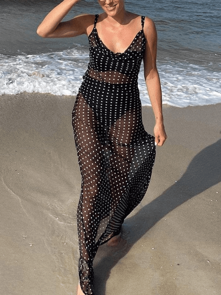 Ddbos - Polka Dot Sheer Mesh Maxi Dress