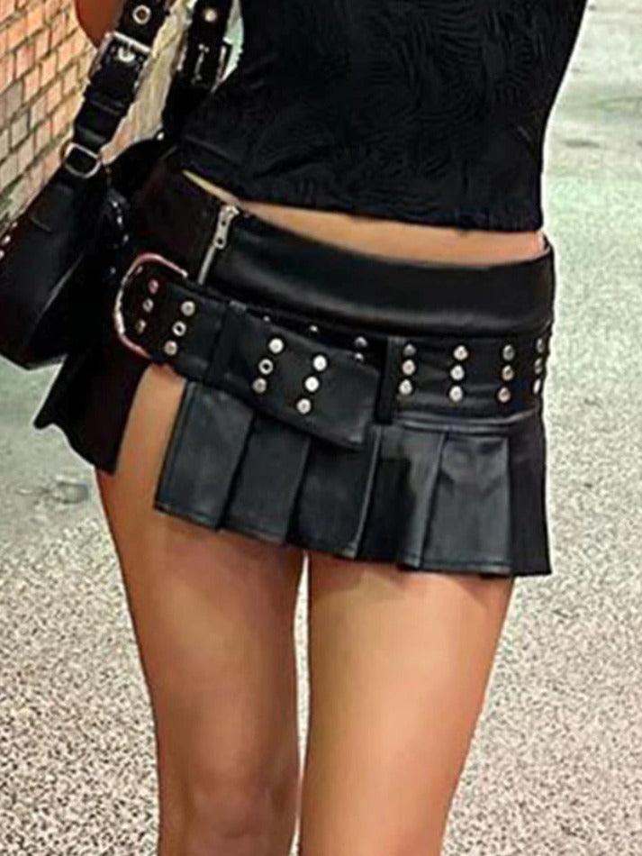 Ddbos - Punk Rivet Belted Pleated Slit Leather Mini Skirt