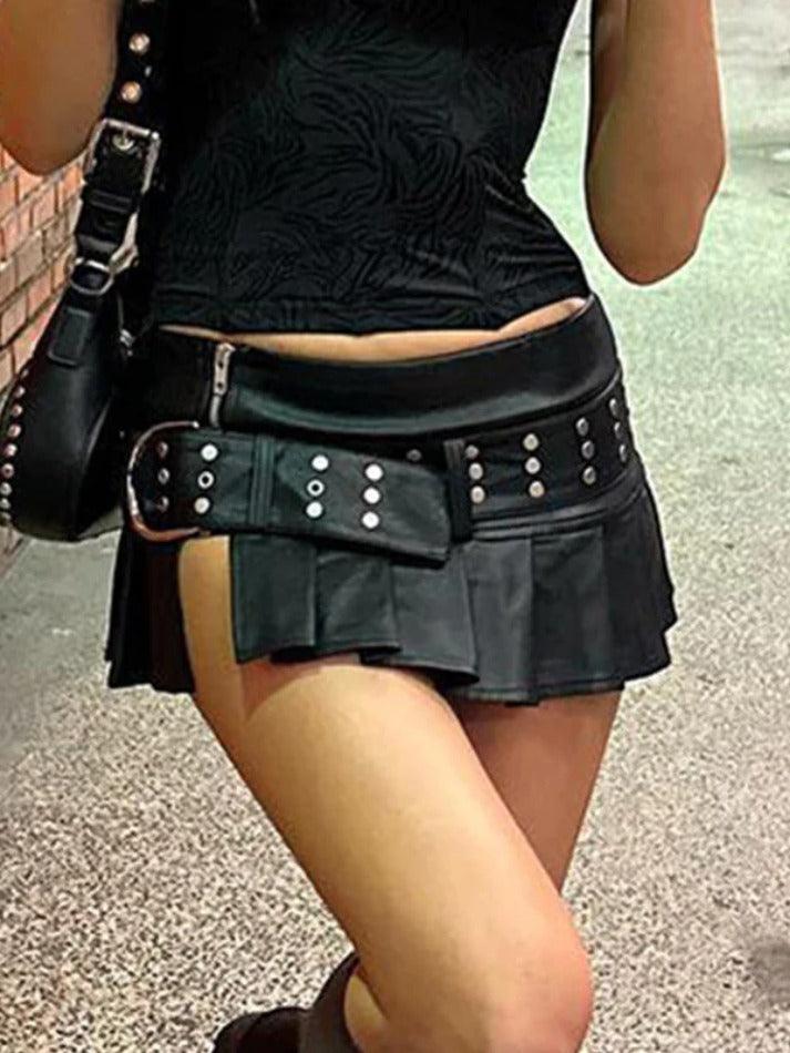 Ddbos - Punk Rivet Belted Pleated Slit Leather Mini Skirt