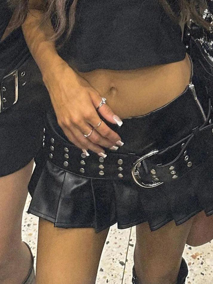 Ddbos - Punk Rivet Belted Pleated Slit Leather Mini Skirt