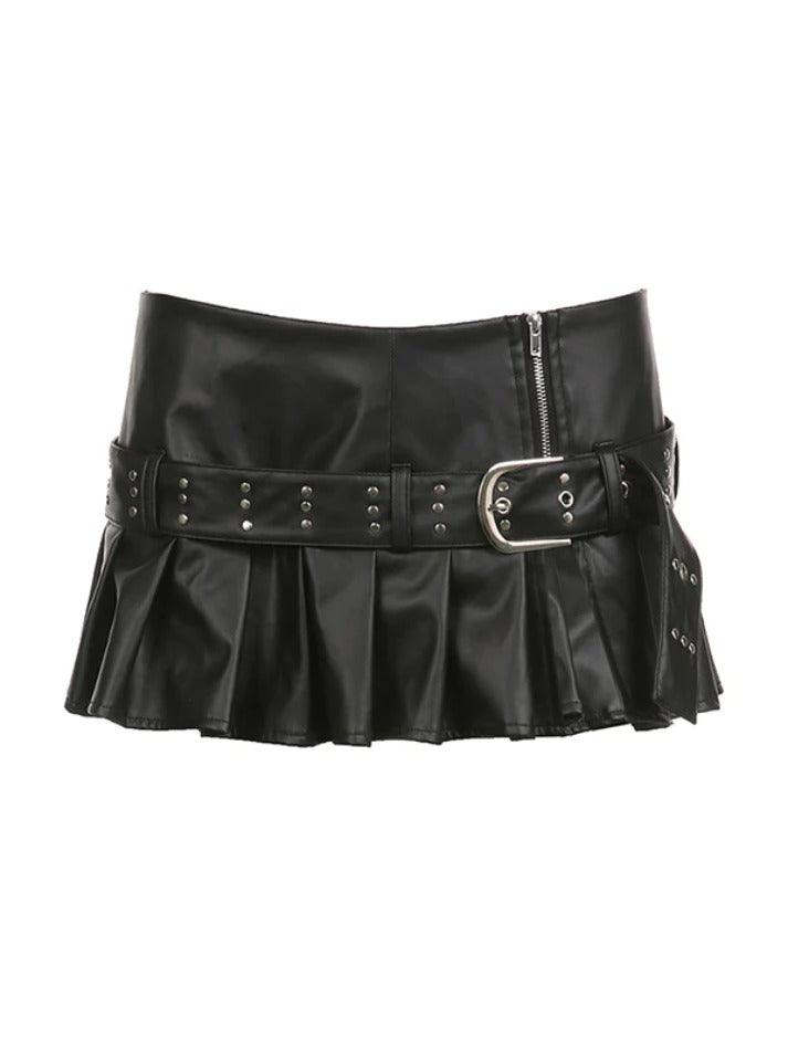 Ddbos - Punk Rivet Belted Pleated Slit Leather Mini Skirt