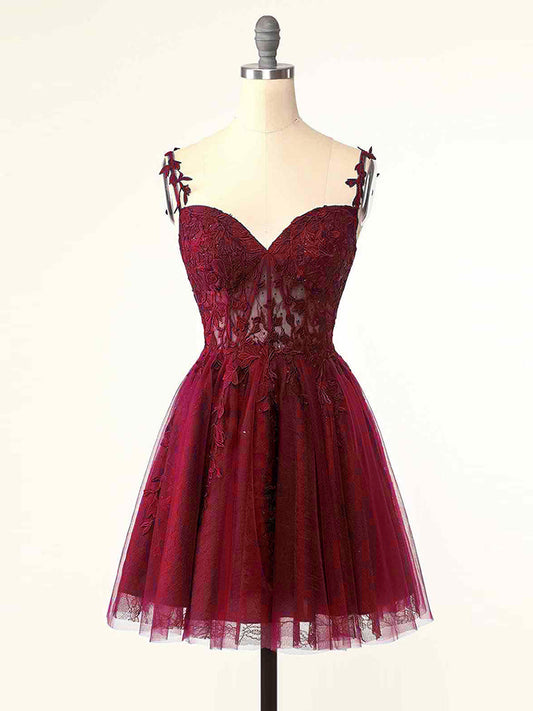 Ddbos Burgundy A-Line Tulle Lace Short Prom Dress, Cute Burgundy Homecoming Dress