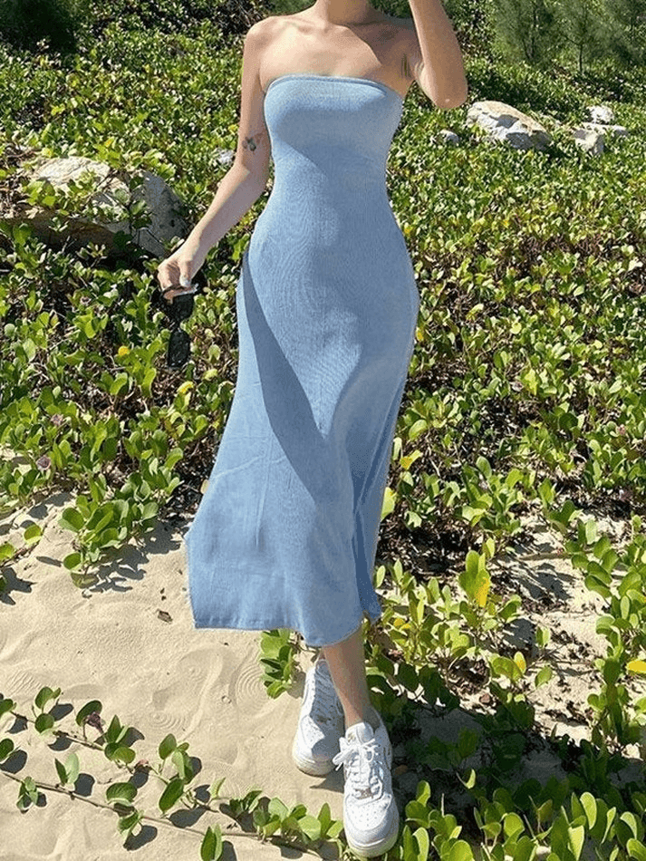 Ddbos - Strapless Split Ribbed Maxi Dress