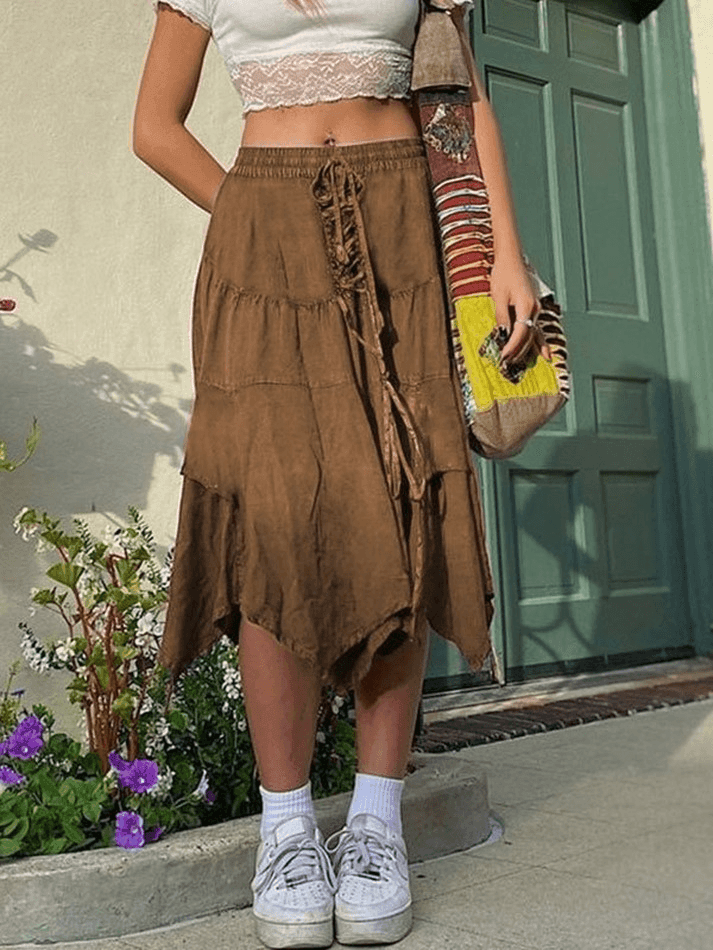 Washed Irregular Lace Up Midi Skirt