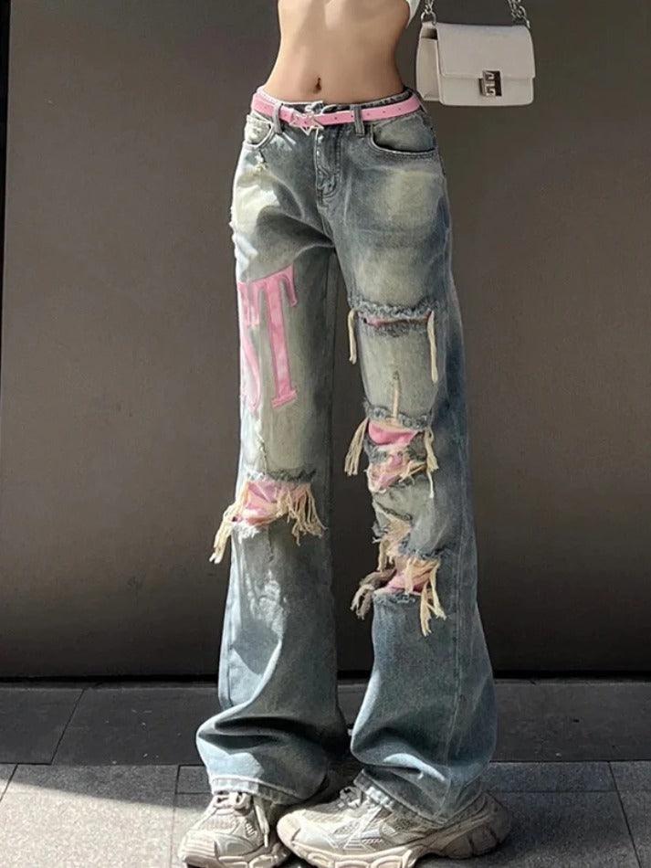 Ddbos - Y2K Pink Ripped Embroidery Boyfriend Jeans