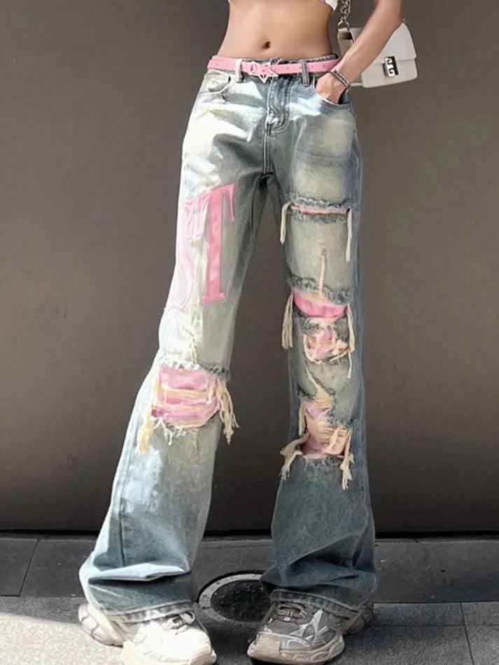 Ddbos - Y2K Pink Ripped Embroidery Boyfriend Jeans