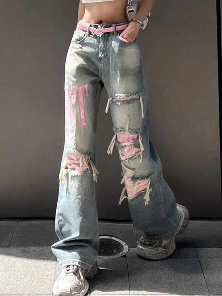 Ddbos - Y2K Pink Ripped Embroidery Boyfriend Jeans