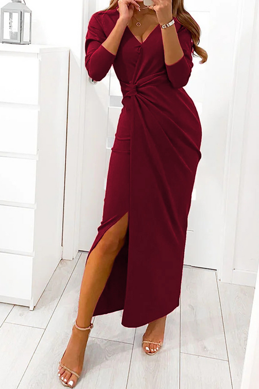 Ddbos - Elegant Solid Slit Fold V Neck Evening Dress Dresses(4 Colors)