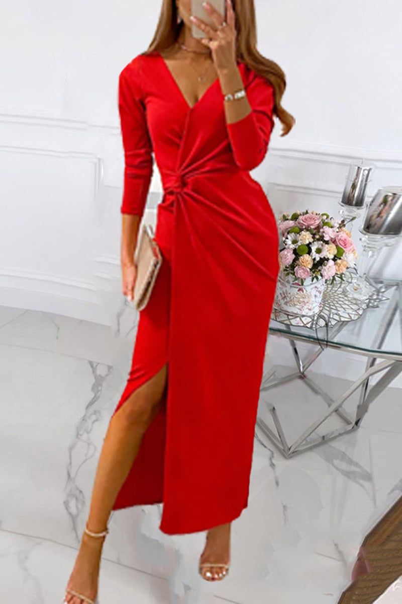 Ddbos - Elegant Solid Slit Fold V Neck Evening Dress Dresses(4 Colors)