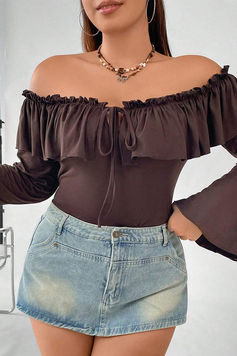 Ddbos - Sexy Solid Flounce Off the Shoulder Plus Size Tops