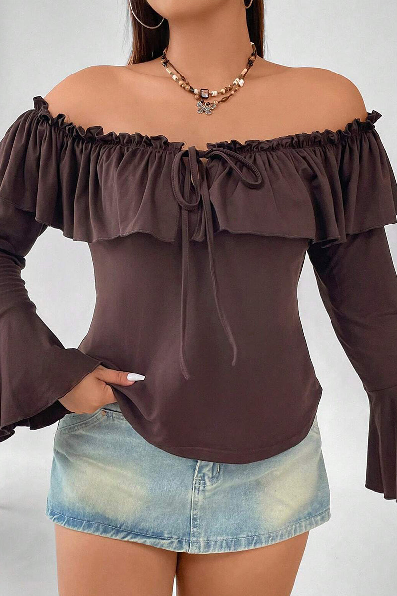 Ddbos - Sexy Solid Flounce Off the Shoulder Plus Size Tops