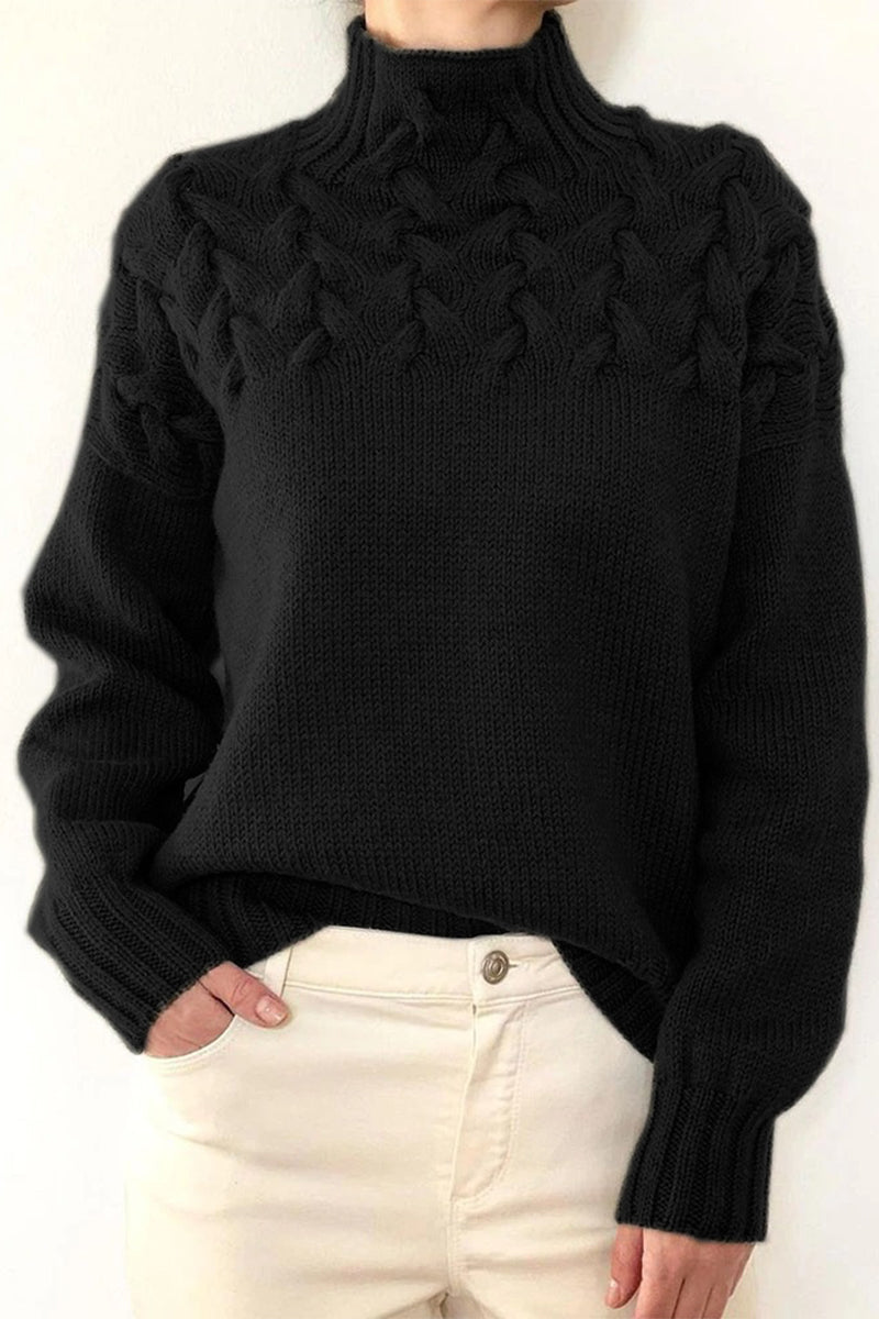 Ddbos - Casual Solid Weave Turtleneck Tops