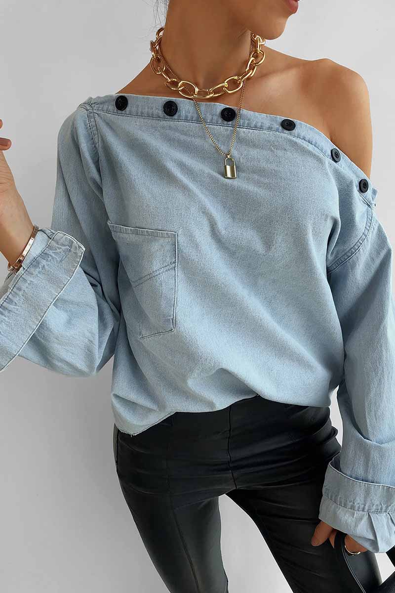 Ddbos - Florcoo Spring Button-Neck Off-Shoulder Long-Sleeved Denim Shirt