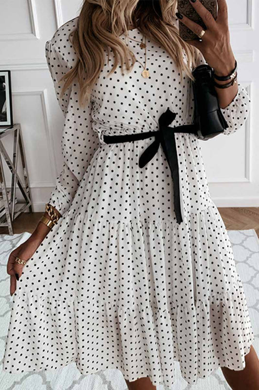 Ddbos - Florcoo Elegant White Black Dot Print Round Neck Tie Midi Dress