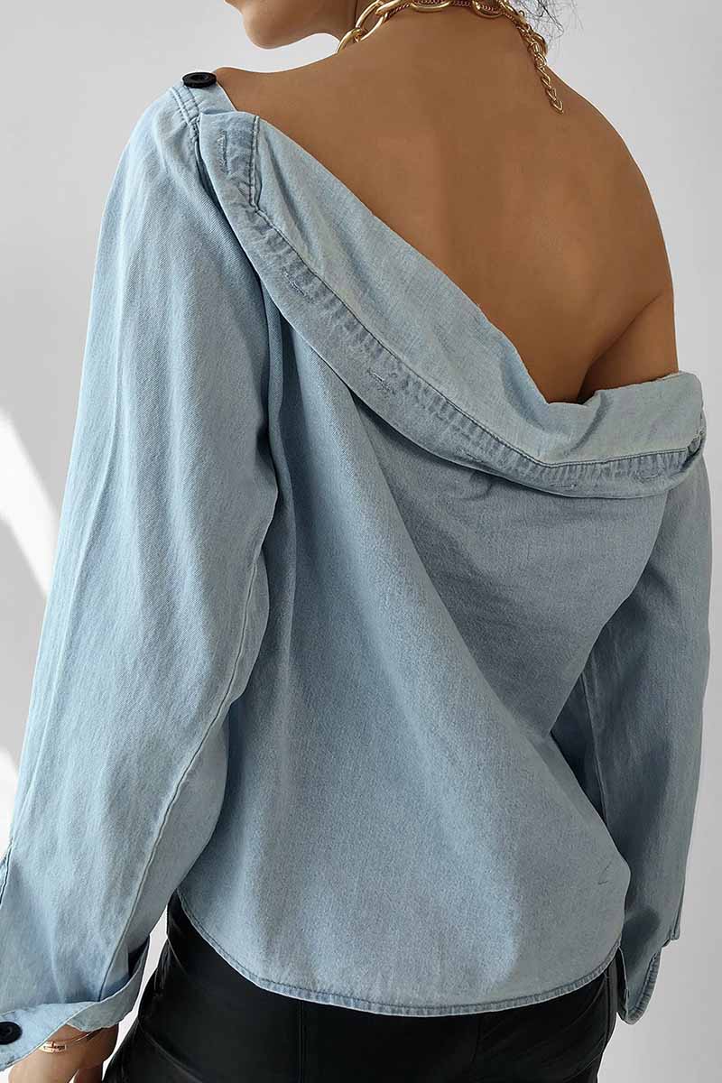 Ddbos - Florcoo Spring Button-Neck Off-Shoulder Long-Sleeved Denim Shirt