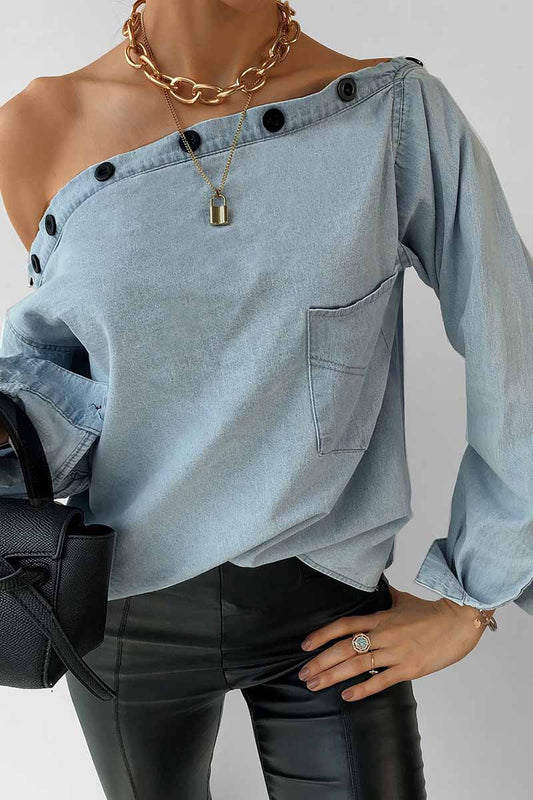 Ddbos - Florcoo Spring Button-Neck Off-Shoulder Long-Sleeved Denim Shirt