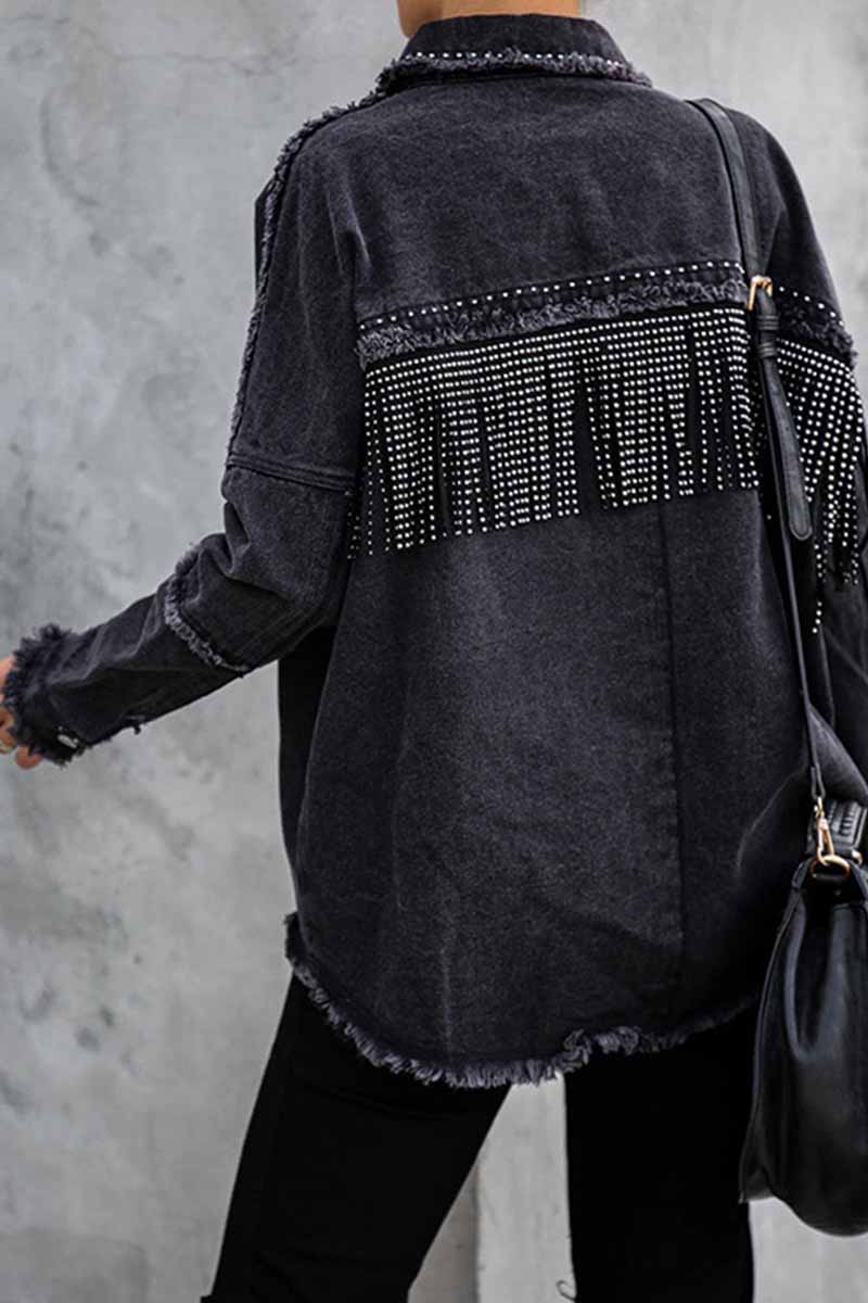 Ddbos - Florcoo Long Sleeve Fringed Denim Jacket Tops