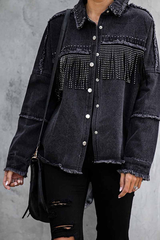 Ddbos - Florcoo Long Sleeve Fringed Denim Jacket Tops